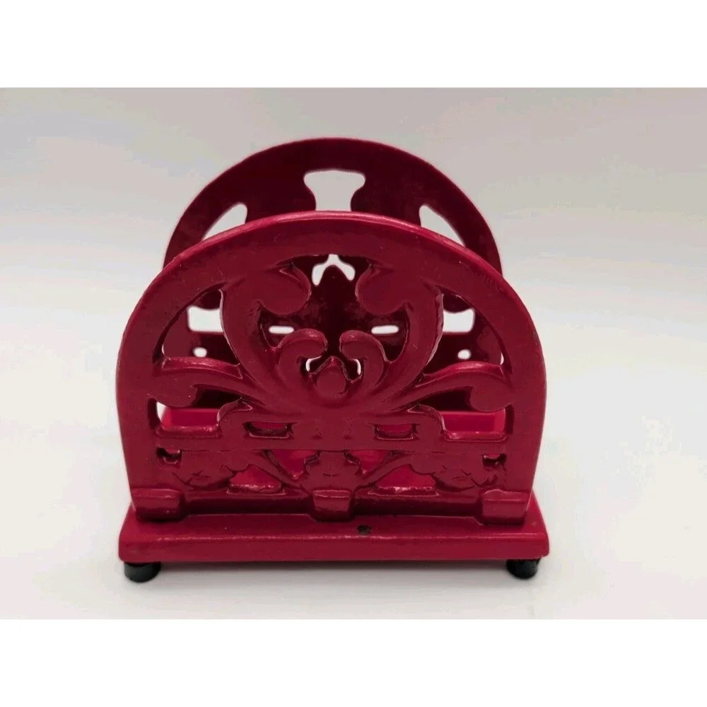 Cast Iron Napkin Holder Red Scroll Design Letter Organizer Farmhouse Heavy Vtg